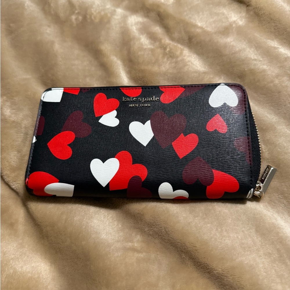 Kate Spade Black Wallet with Red and White Hearts